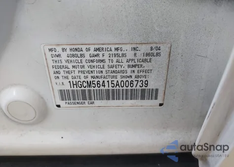 2005 Honda Accord 2.4 Lx from USA, damaged, VIN 1HGCM56415A006739